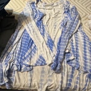 Light blue and white cardigan. It is lighter blue  than appears here.